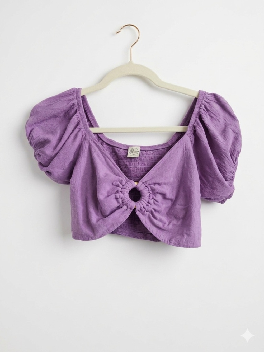 Blanco Purple Puff Sleeve O-Ring Crop Top Mediterranean Euro Summer Size S